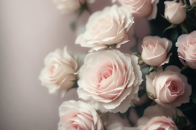 Background of fresh dairy tender pastel colored wedding roses ai generative