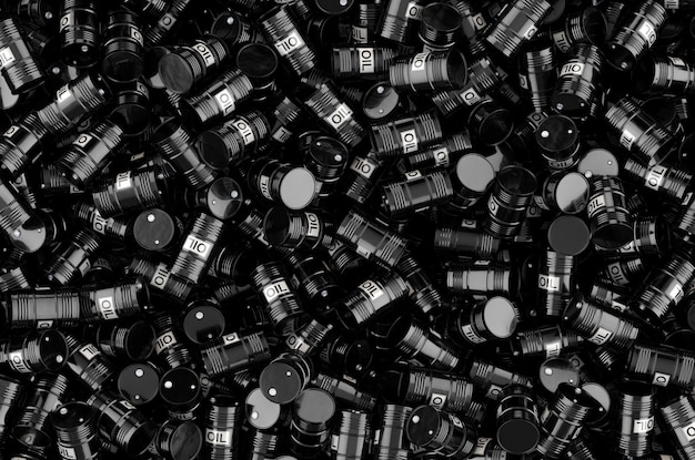 Background from black oil barrels topview 3D rendering