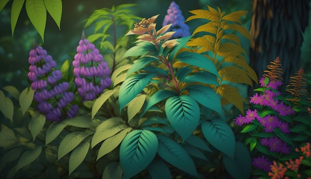 Background from forest fresh beautiful different kind of colored flowers AI generated