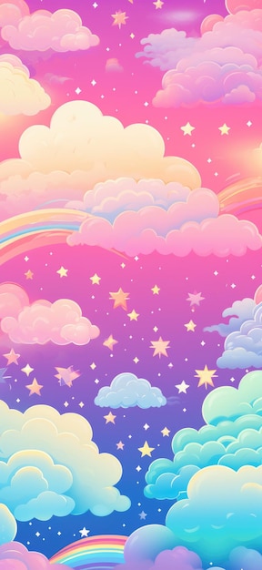 Background from magical fairytale gentle rainbow clouds with stars For design of holiday invitations and cards