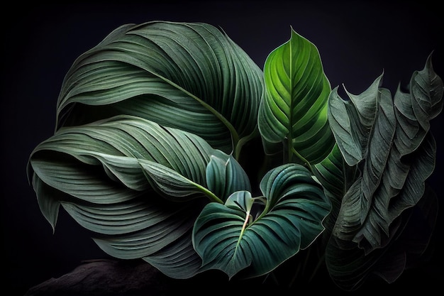 Background from natural green tropical leaves close up on black background mockup for product and text spring and summer nature concept Generative AI