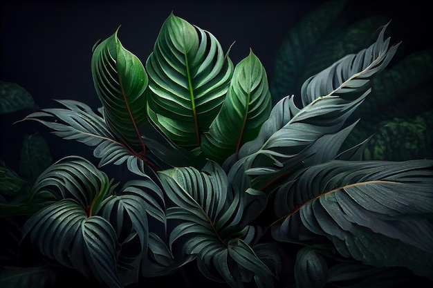 Background from natural green tropical leaves close up on black background mockup for product and text spring and summer nature concept Generative AI