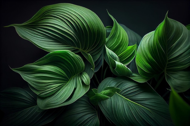 Background from natural green tropical leaves close up on black background mockup for product and text spring and summer nature concept Generative AI