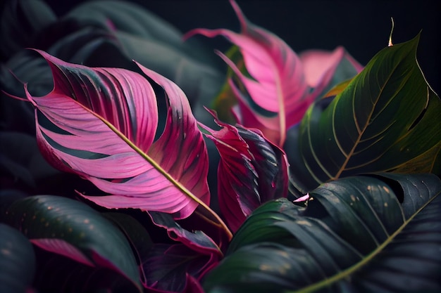 Background from natural green tropical leaves with pink color mockup for product and text Generative AI