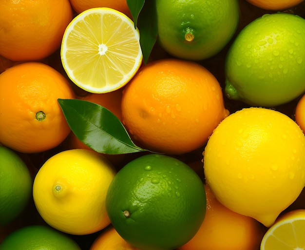 Background from various citrus fruits with leaves Top view