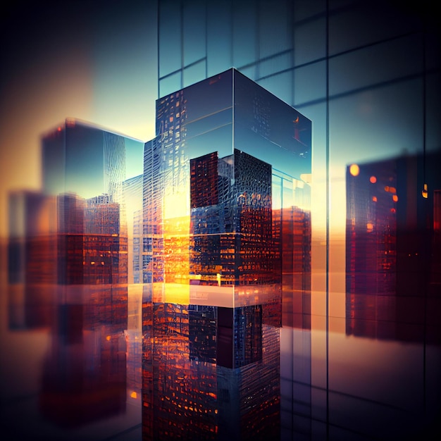 Background of future urban and corporate architecture Real estate idea with bokeh motion blur and a reflection in a glass panel of a skyscraper facade Generative ai