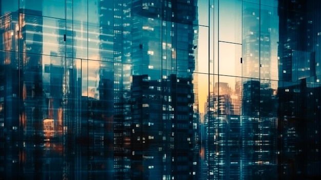 Background of future urban and corporate architecture Real estate idea with bokeh motion blur and a reflection in a glass panel of a skyscraper facade Generative AI