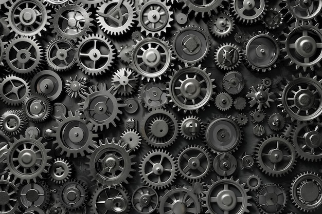 Background of Gears and Cogs with Metallic Textures on Black Grid