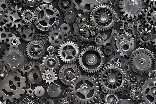 Background of Gears and Cogs with Metallic Textures on Black Grid