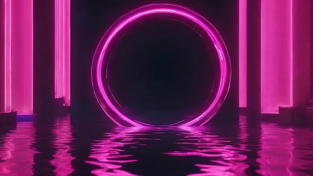 Background glowing pink ring neon round frame and reflection in the water