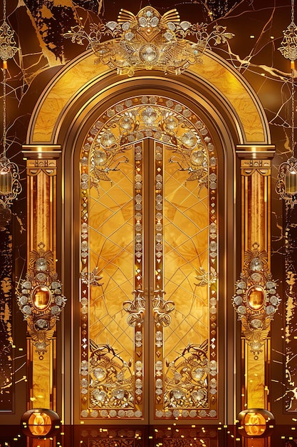 Photo a background of a golden door made of gold and diamond