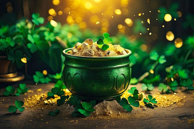 Background of green clover and gold dust for St Patricks Day Patrick Day Banner AI generated