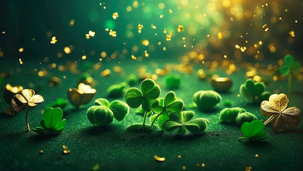 Background of green clover and gold dust for St Patricks Day Patrick Day Banner AI generated