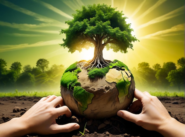 background green growing tree earth day green eco tree earth background earth in hand