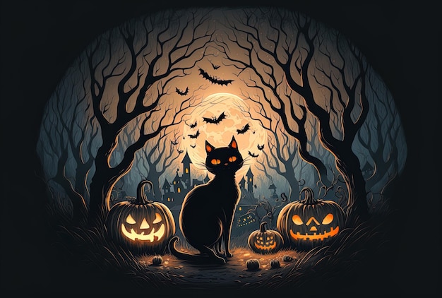 Background for Halloween with ominous pumpkins a gloomy woodland and a black cat