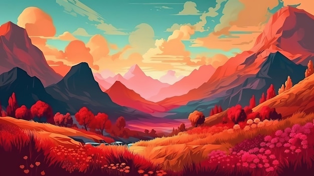 Background of hand painted landscape with rainbow Generative Ai