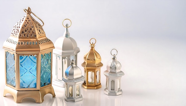 The background has a theme celebrating Islamic holidays showing various shapes of lanterns