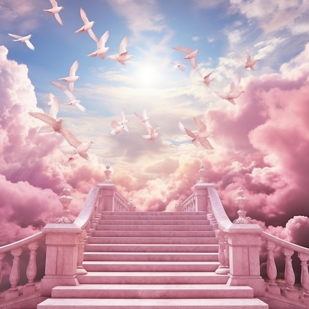 A background of heaven pink stairs with pink clouds