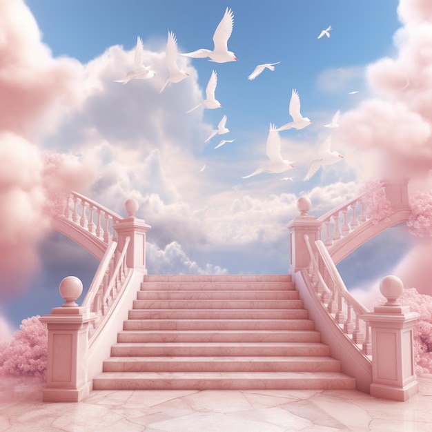 A background of heaven pink stairs with pink clouds