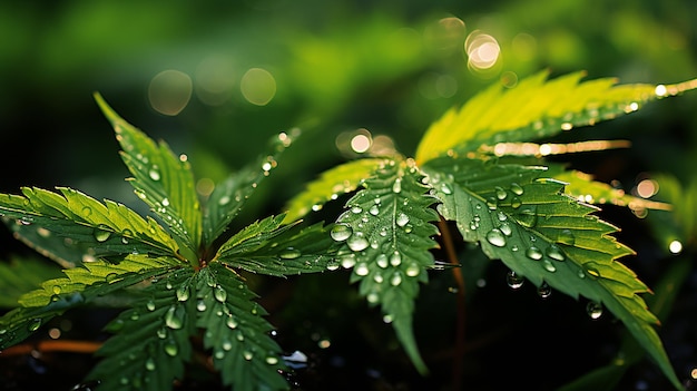 Background of Hemp Leaves and Dew Photo