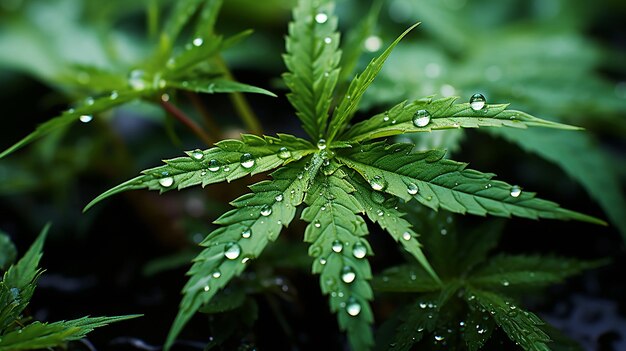 Background of Hemp Leaves and Dew Photo