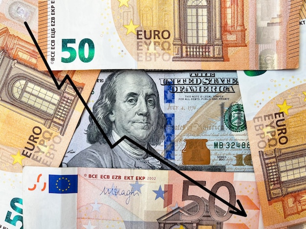 Background of hundred-dollar banknotes and fifty euros in close-up with a graph of the fall