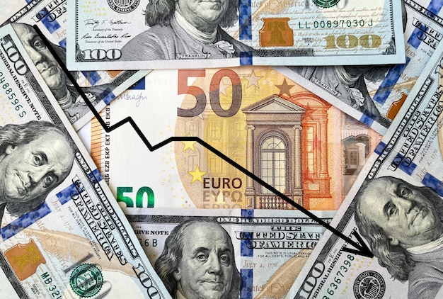 Background of hundred-dollar banknotes and fifty euros in close-up with a graph of the fall