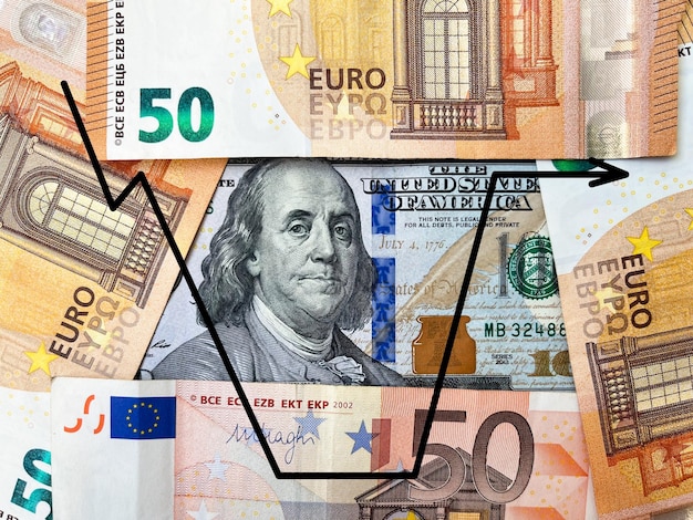 Background of hundred-dollar banknotes and fifty euros in close-up with a growth chart