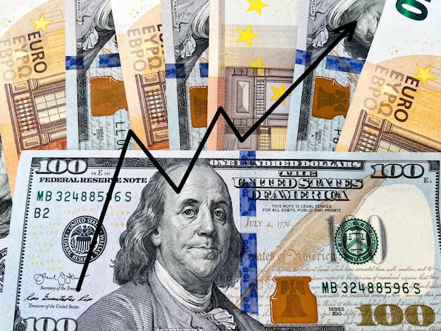 Background of hundred-dollar banknotes and fifty euros in close-up with a growth chart