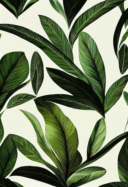 Background illustration of tropical flora pattern white background bold outline with different plants