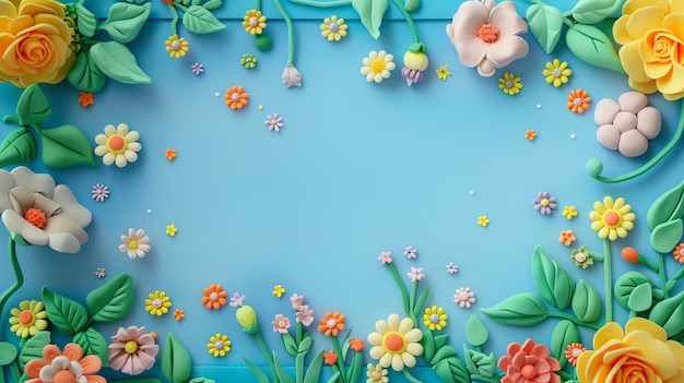 A background image of colorful flowers leaves and white dots on a blue background