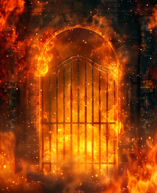 Photo background image of a metal gate covered in flames