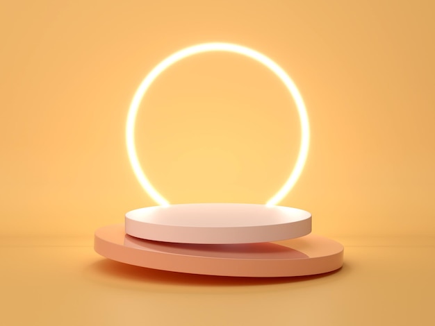 Background image for product placement in orange yellow pastel with a pedestal in the middle And the circle line has a back light 3D scene