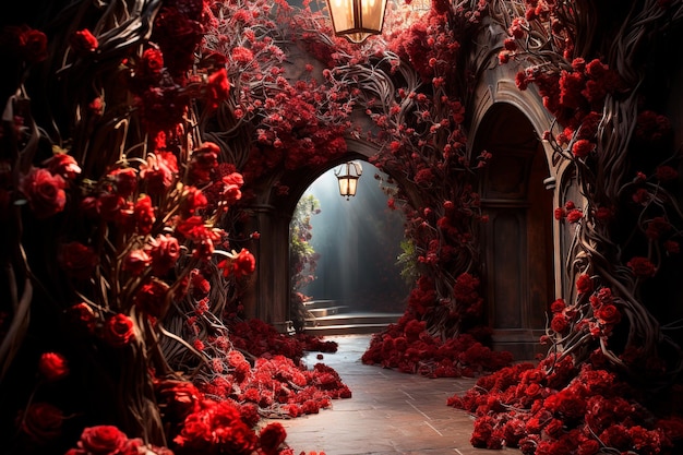 background image of tunnel path of red roses