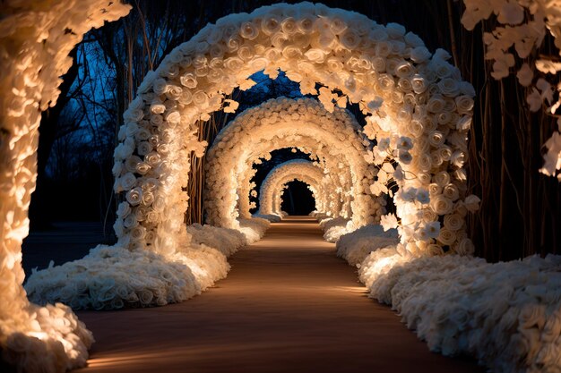 background image of tunnel path of white roses