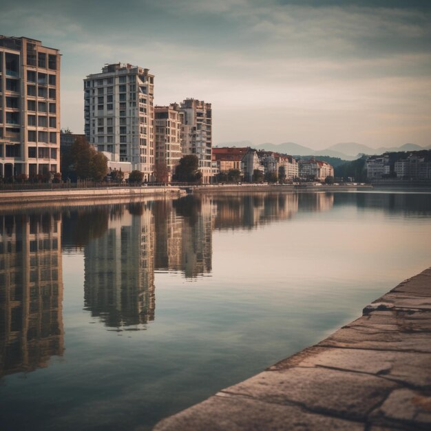 Photo background image of white and brown concrete buildings beside body of water during