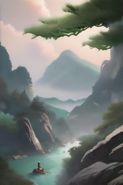 background image with sky mountains and rivers a cartoon