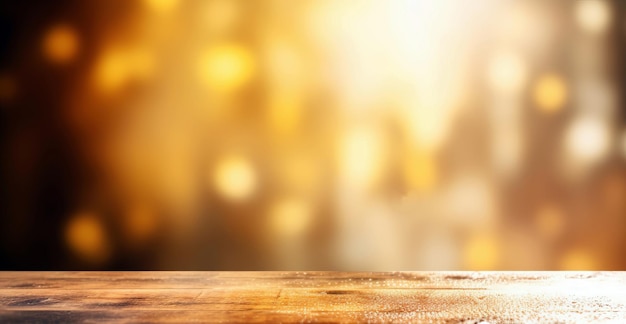 Background Image of wooden table in front of abstract blurred lights