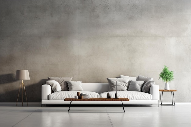 Background interior of living room with lightcolored concrete walls sofa and table