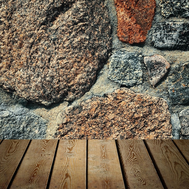 The background is blank wooden boards and a textured stone wall with lighting and vignetting