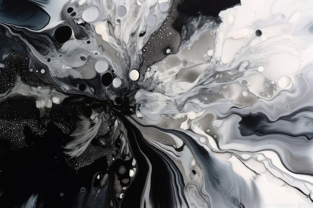 The background is created through a contemporary acrylic pour technique showcasing beautiful swirls of black and white paint with white particles