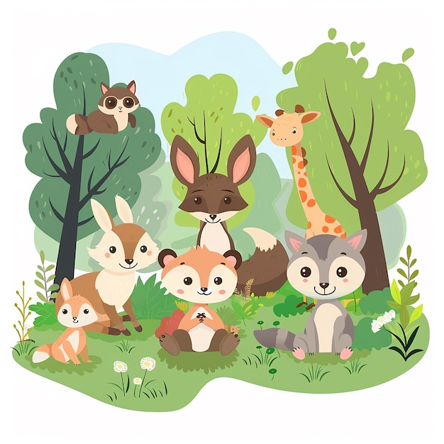 The background is a flat vector illustration of all forest animals on green grass and trees with a