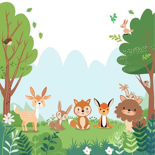 The background is a flat vector illustration of all forest animals on green grass and trees with a