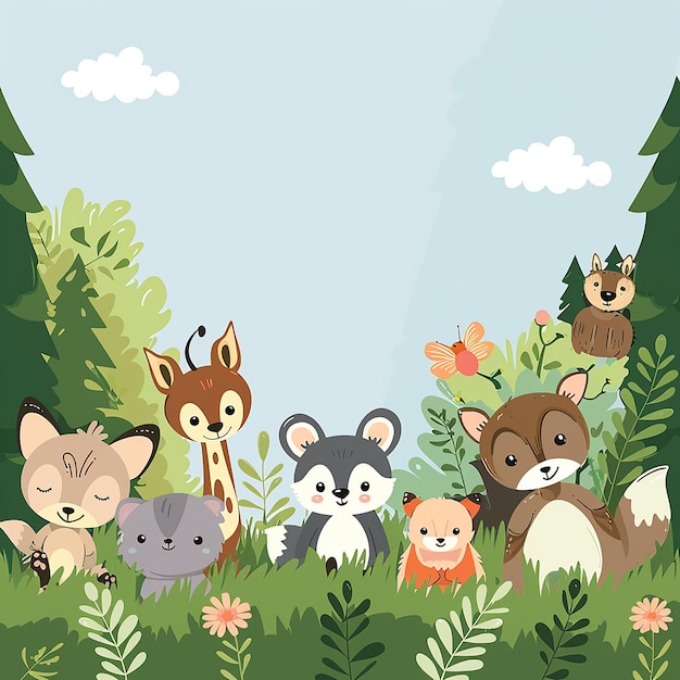 The background is a flat vector illustration of all forest animals on green grass and trees with a