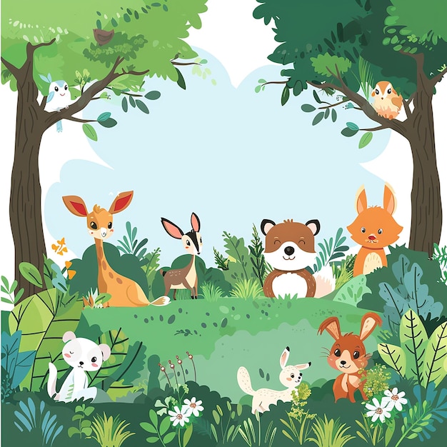 The background is a flat vector illustration of all forest animals on green grass and trees with a