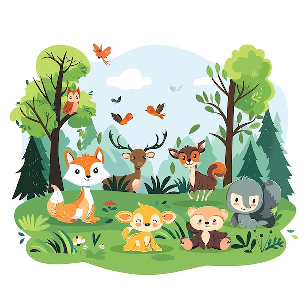 The background is a flat vector illustration of all forest animals on green grass and trees with a