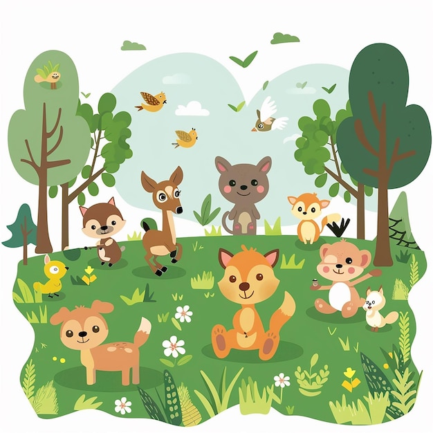 The background is a flat vector illustration of all forest animals on green grass and trees with a