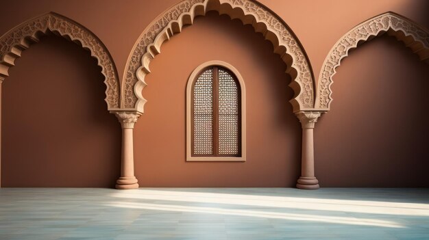 background for the Islamic holiday of Ramadan in a minimalist style with a podium with sunlight in light beige delicate shades and elements of nature