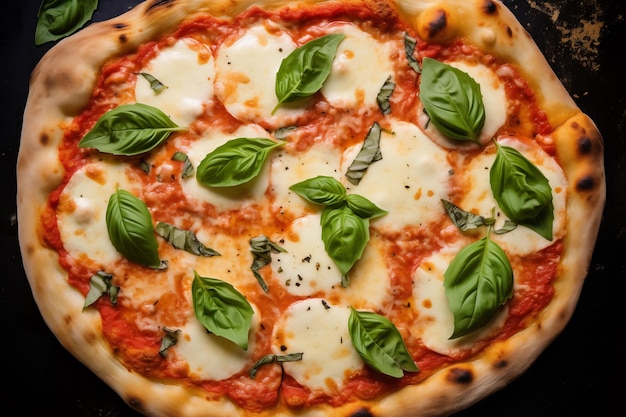 Background of juicy margherita pizza with plenty of cheese and fresh basil top view