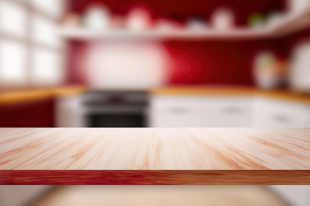 Background of kitchen counter or room is blurred revealing a wooden table top